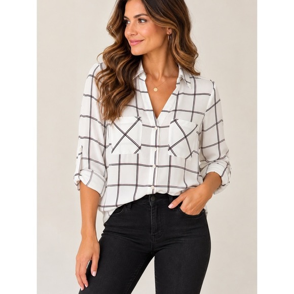Express Tops - Express The Portofino Shirt White Plaid Button Down Blouse Small Windowpane